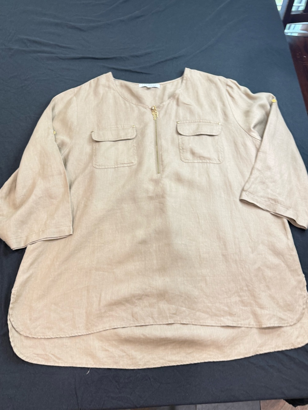 Ellen Tracy Tan Zip-Front Linen Top with Chain Pull